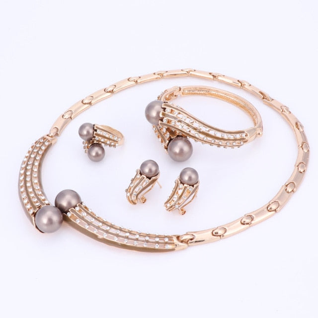 Women Simulated Pearl Crystal Necklace Earrings Set