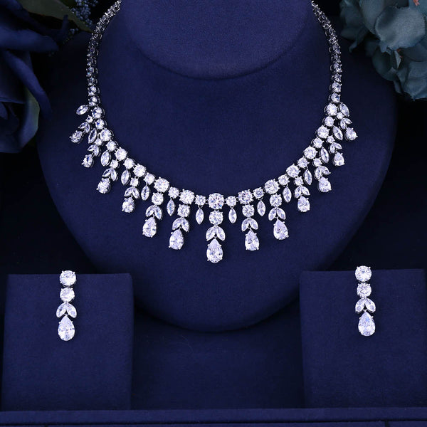 Luxury Sparking Brilliant Cubic Zircon Drop Earring Necklace  Jewelry Set
