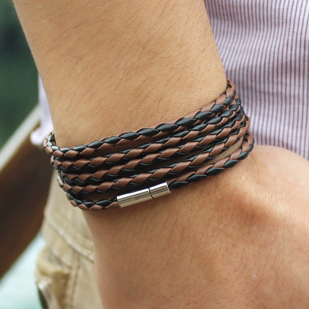 New Fashion  5 Layer Leather Round Rope Turn Buckle Bracelet