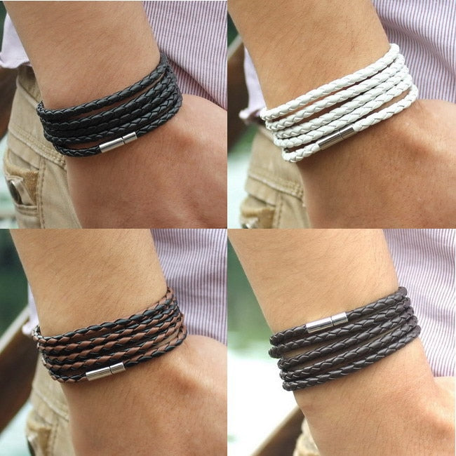 New Fashion  5 Layer Leather Round Rope Turn Buckle Bracelet