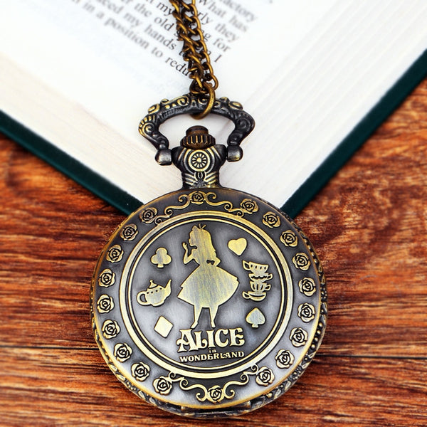 Relojes de bolsillo de cuarzo de bronce con temática retro de Alicia en el País de las Maravillas