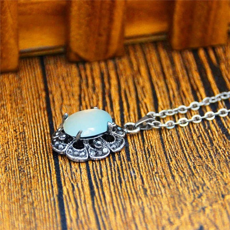 Oval Transparent Opal Necklace Earrings Jewelry Set