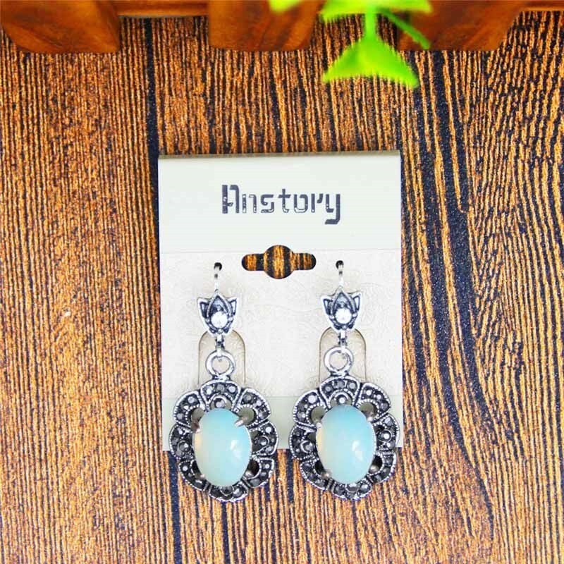Oval Transparent Opal Necklace Earrings Jewelry Set