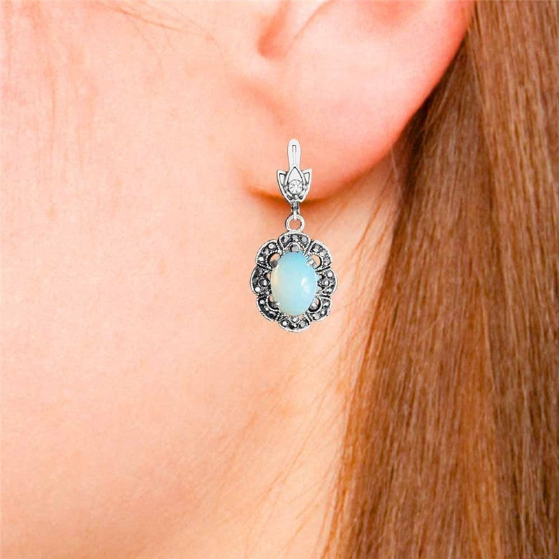 Oval Transparent Opal Necklace Earrings Jewelry Set