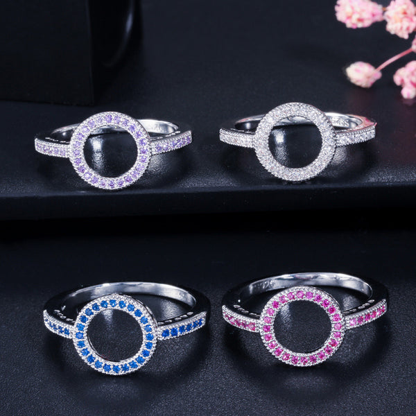 Silver Color Jewelry Big Hollow Out Round Cut Cubic Zircon Topaz Finger Ring