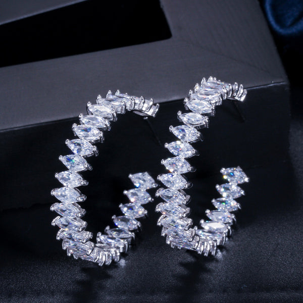 AAA+ Marquise Cut Cubic Zirconia White Gold Color Women Big Circle Round Hoop Earrings