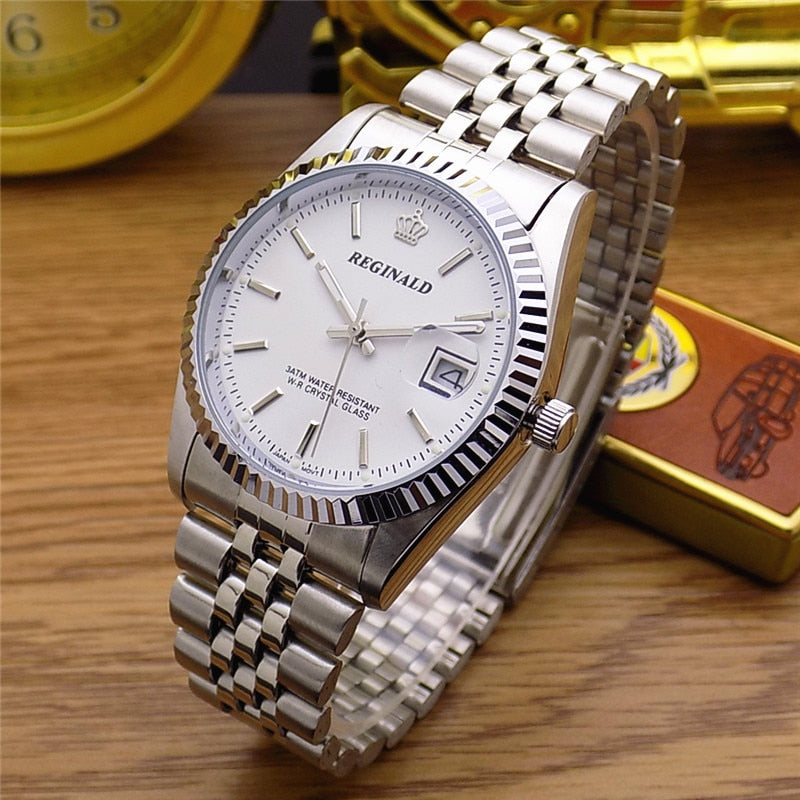 Luxury  Silver Stainless Steel Watch Waterproof Quartz Wristwatch Clock