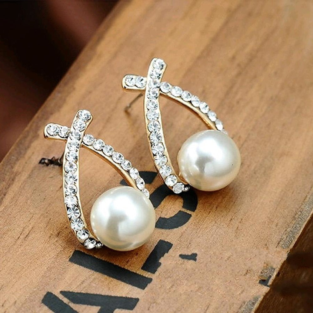 Fashion Gold Silver Color Cross Crystal Stud Earrings