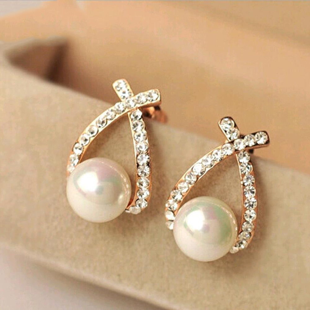 Fashion Gold Silver Color Cross Crystal Stud Earrings