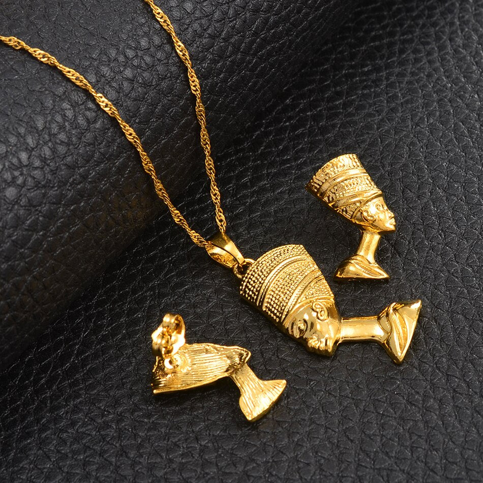 Egyptian Queen Nefertiti Pendant Necklace & Earrings Sets