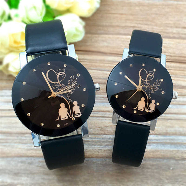 Relojes de pareja con correa de cuero y acero inoxidable.