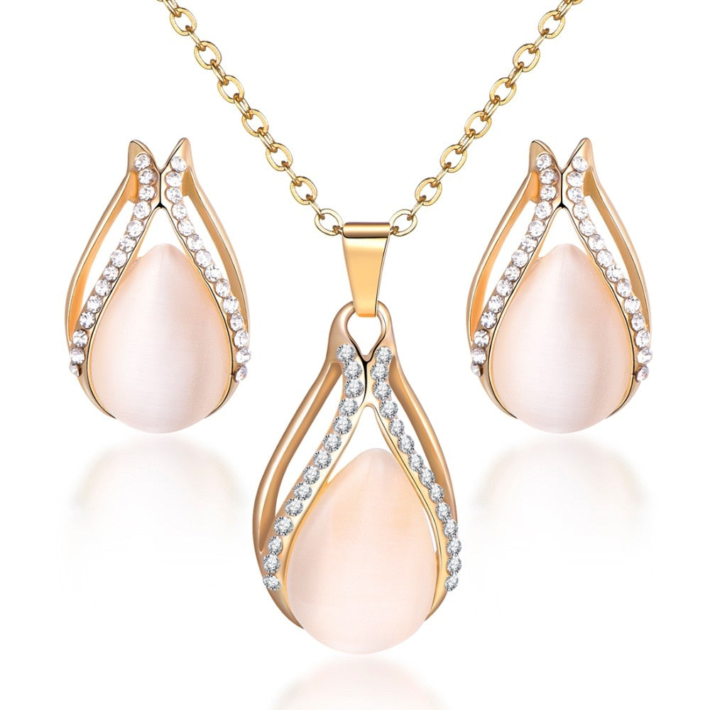 Cubic Zirconia Water Drop Necklace Pendant Earrings Set