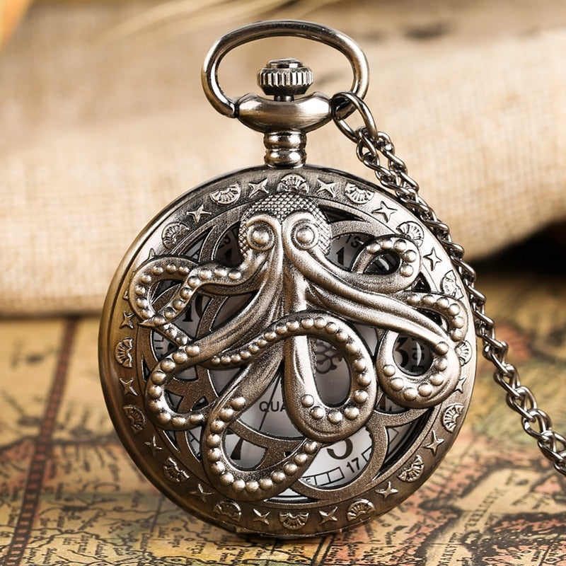 Retro Octopus Hollow Cover Quartz Pocket Watch