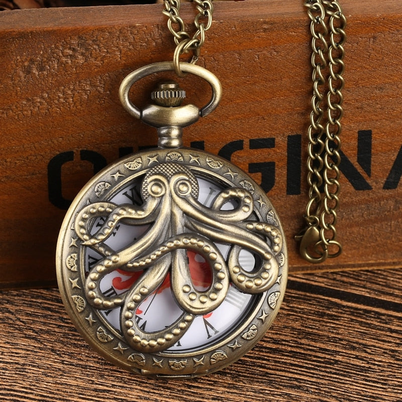 Retro Octopus Hollow Cover Quartz Pocket Watch