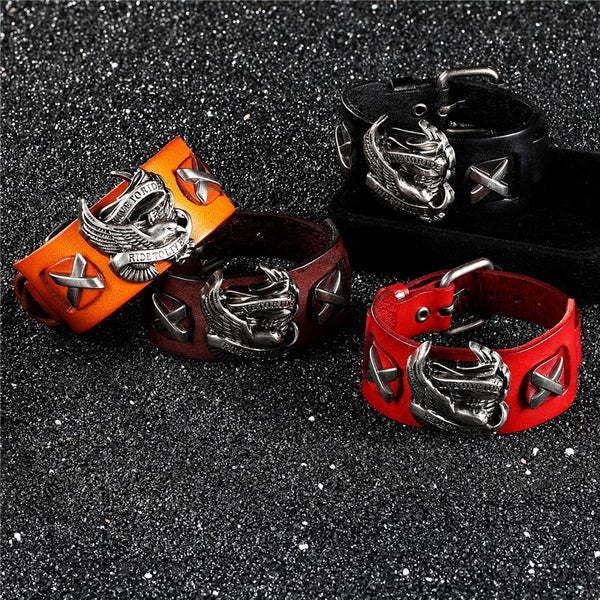 Pulseras punk ride to live con diseño de pájaro macho y calavera retro.