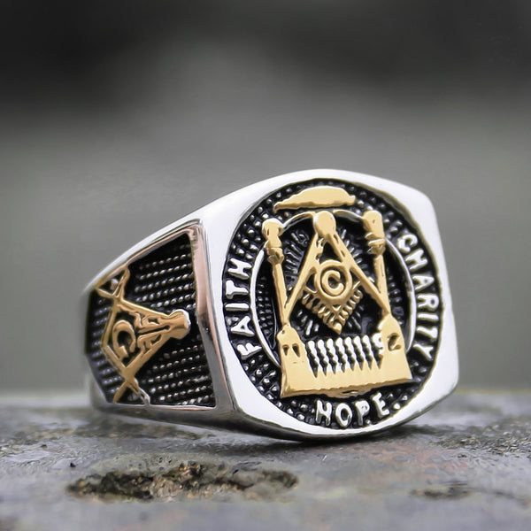 Mens Masonic Free-mason Statement Ring Gold Color Stainless Steel Freemasonry Signet Rings
