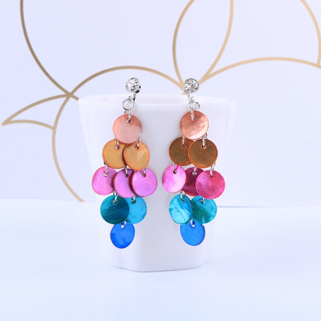 Vintage Multi-layer Natural Shell Disc Colorful Clip on Earrings