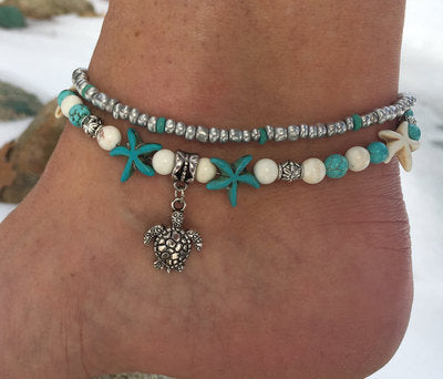 Tobilleras bohemias con cuentas multicapa de tortuga y estrella de mar para mujer