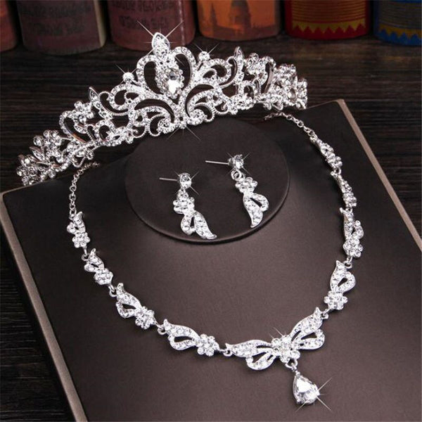 Conjuntos de joyas de lujo con corona de diamantes de imitación de cristal, collar y pendientes