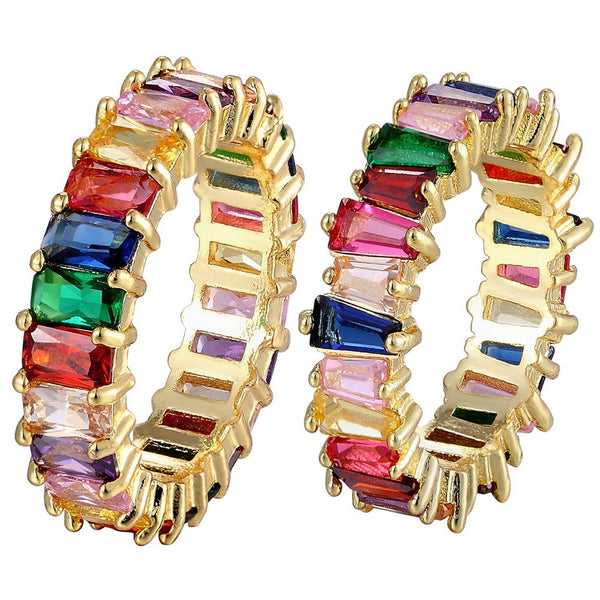 Hot Sale Thin Baguette Rainbow CZ Gold Ring