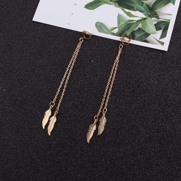 Long chain Alloy feathers Clip on Earrings Non Piercing For Women