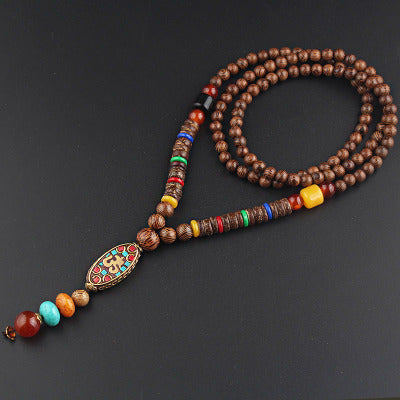 Nepal Long Buddhist Mala Wood Beaded Pendant & Necklace