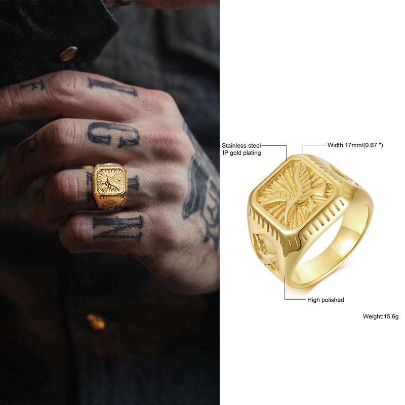 Bald Eagle Signet  Gold Plated Bird Ring For Men