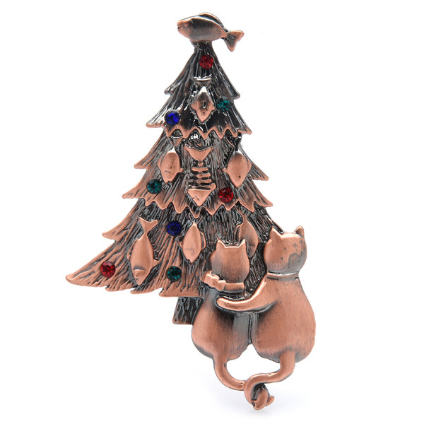 Vintage Christmas Tree Brooch Couple Cats For Lover Women