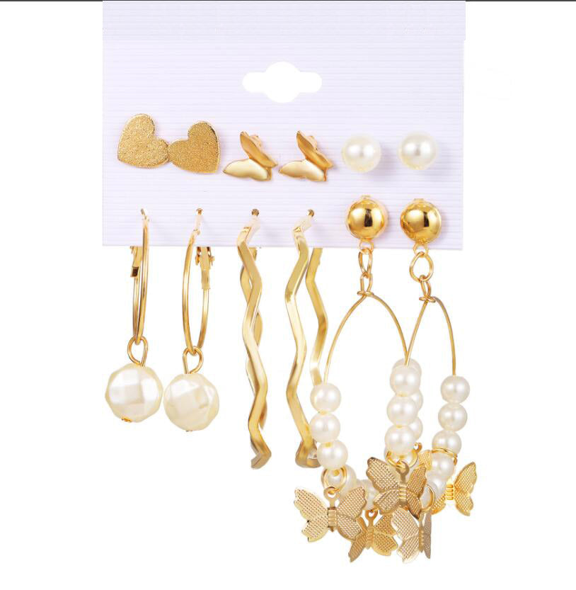 6 Pair/Lot Vintage  Gold-Color Round Half Simulated Pearls Flower Stud Earring