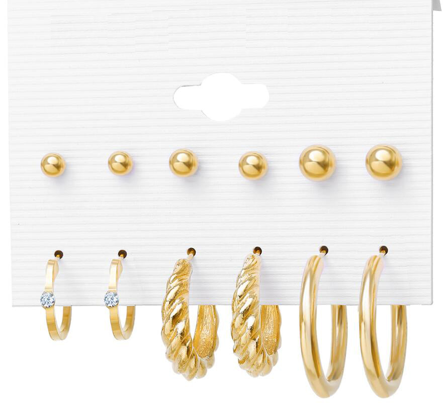 6 Pair/Lot Vintage  Gold-Color Round Half Simulated Pearls Flower Stud Earring